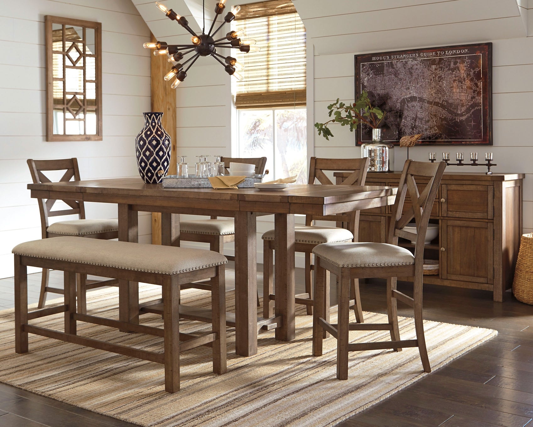 Moriville Counter Height Dining Table and 4 Barstools and Bench with Storage Milwaukee Furniture of Chicago - Furniture Store in Chicago Serving Humbolt Park, Roscoe Village, Avondale, & Homan Square