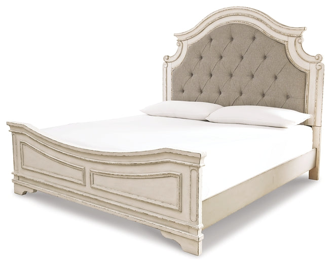Realyn California King Upholstered Panel Bed with Mirrored Dresser Milwaukee Furniture of Chicago - Furniture Store in Chicago Serving Humbolt Park, Roscoe Village, Avondale, & Homan Square