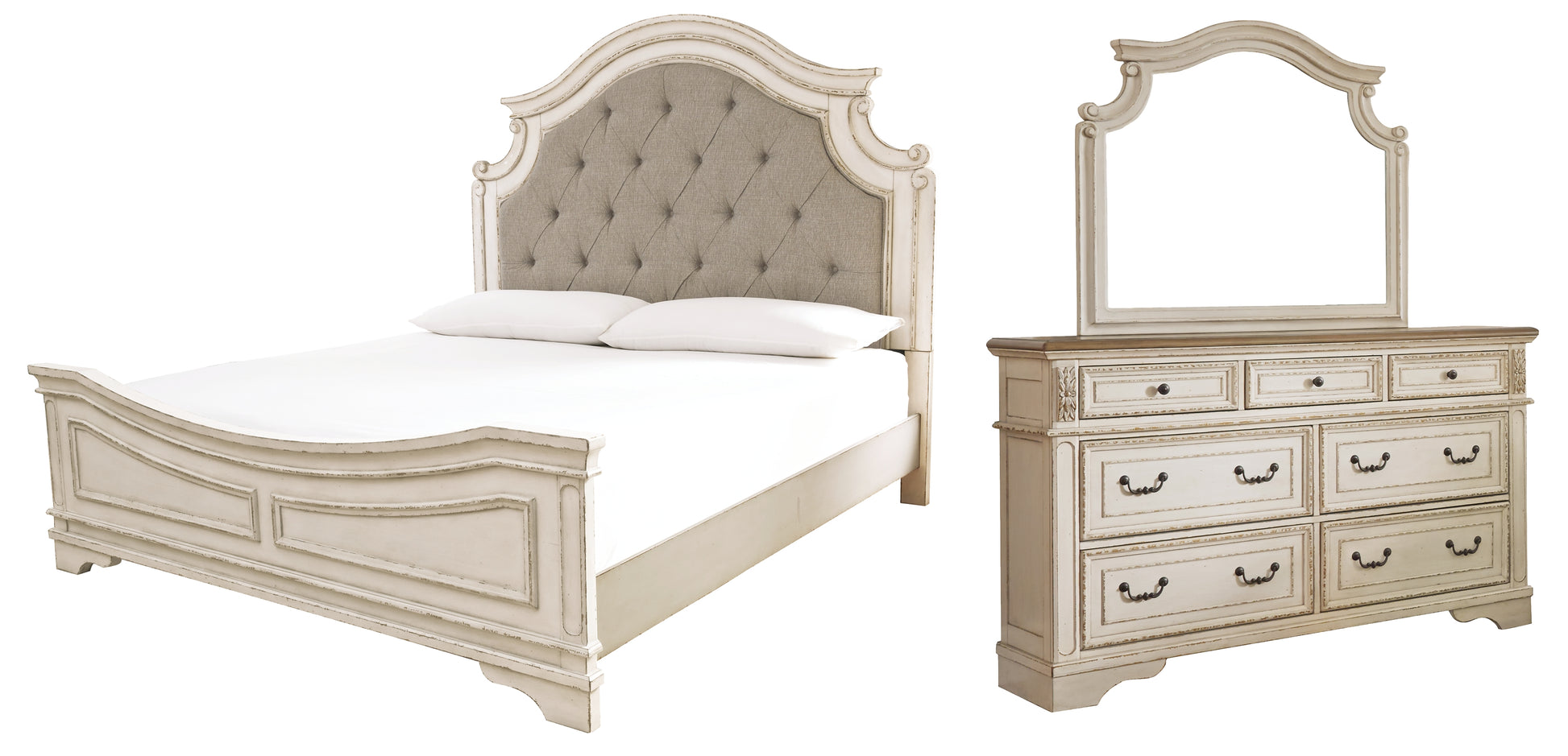 Realyn California King Upholstered Panel Bed with Mirrored Dresser Milwaukee Furniture of Chicago - Furniture Store in Chicago Serving Humbolt Park, Roscoe Village, Avondale, & Homan Square