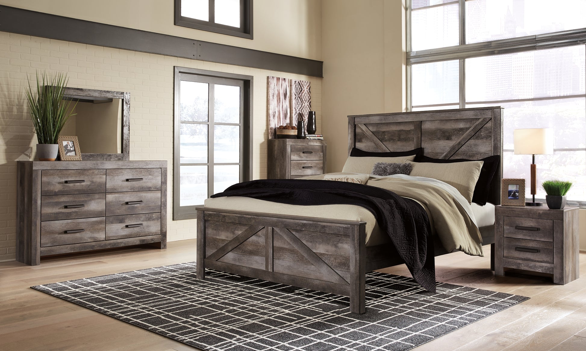 Wynnlow King Crossbuck Panel Bed with Mirrored Dresser and Chest Milwaukee Furniture of Chicago - Furniture Store in Chicago Serving Humbolt Park, Roscoe Village, Avondale, & Homan Square