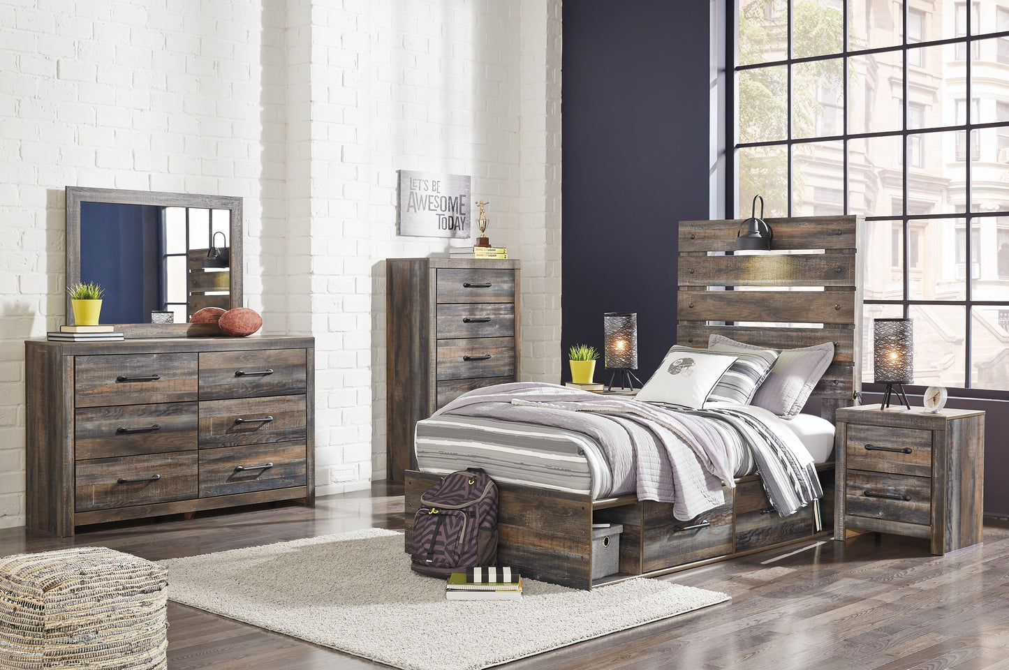 Drystan Twin Panel Headboard with Mirrored Dresser, Chest and 2 Nightstands Milwaukee Furniture of Chicago - Furniture Store in Chicago Serving Humbolt Park, Roscoe Village, Avondale, & Homan Square
