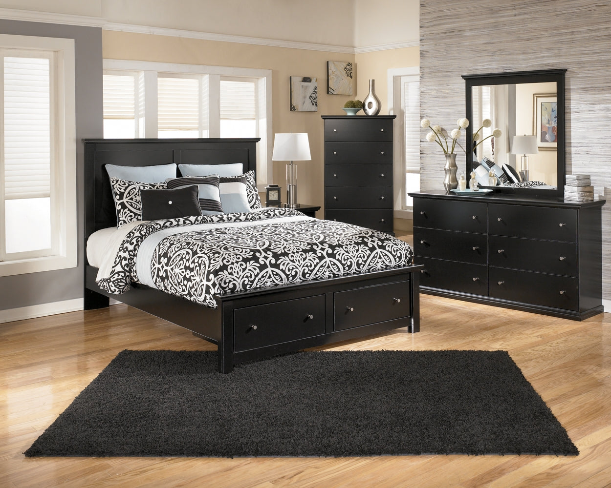 Maribel Queen/Full Panel Headboard with Mirrored Dresser and Chest Milwaukee Furniture of Chicago - Furniture Store in Chicago Serving Humbolt Park, Roscoe Village, Avondale, & Homan Square