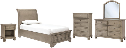 Lettner Twin Sleigh Bed with Mirrored Dresser, Chest and Nightstand Milwaukee Furniture of Chicago - Furniture Store in Chicago Serving Humbolt Park, Roscoe Village, Avondale, & Homan Square