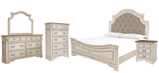Realyn Queen Upholstered Panel Bed with Mirrored Dresser, Chest and Nightstand Milwaukee Furniture of Chicago - Furniture Store in Chicago Serving Humbolt Park, Roscoe Village, Avondale, & Homan Square
