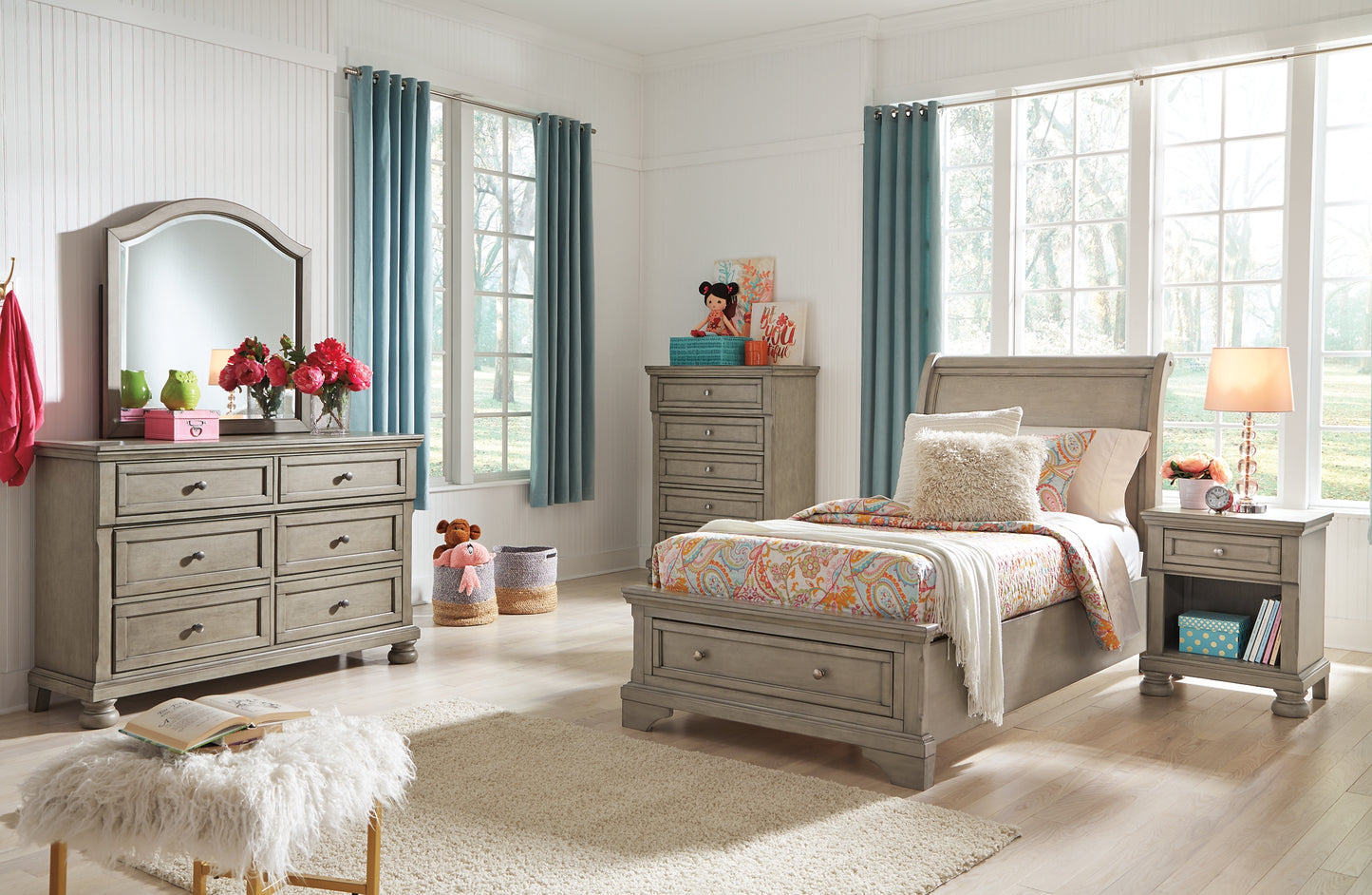 Lettner Twin Sleigh Bed with Mirrored Dresser, Chest and 2 Nightstands Milwaukee Furniture of Chicago - Furniture Store in Chicago Serving Humbolt Park, Roscoe Village, Avondale, & Homan Square