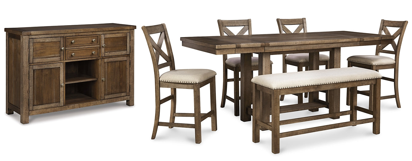 Moriville Counter Height Dining Table and 4 Barstools and Bench with Storage Milwaukee Furniture of Chicago - Furniture Store in Chicago Serving Humbolt Park, Roscoe Village, Avondale, & Homan Square