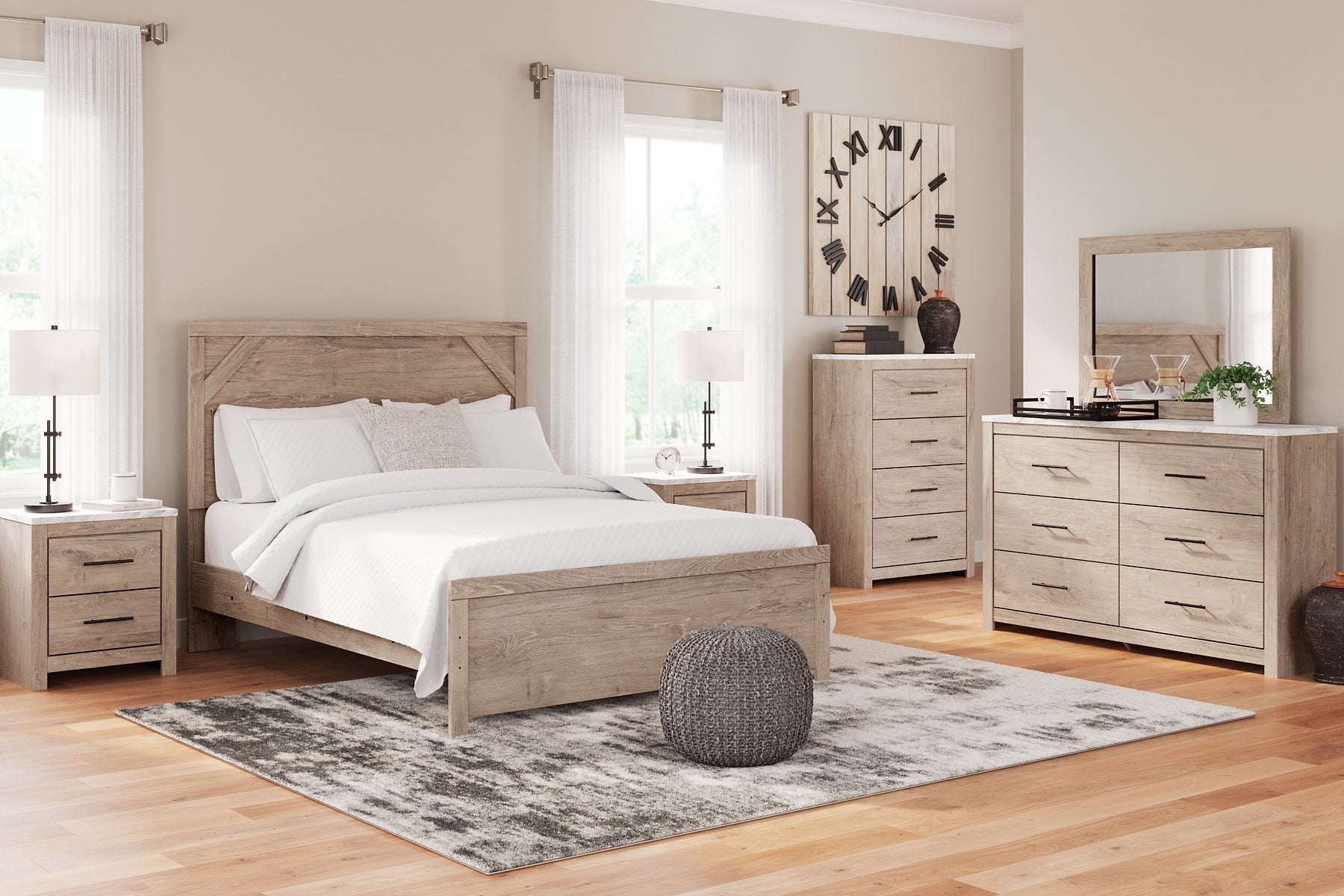 Senniberg Queen Panel Bed with Mirrored Dresser, Chest and Nightstand Milwaukee Furniture of Chicago - Furniture Store in Chicago Serving Humbolt Park, Roscoe Village, Avondale, & Homan Square