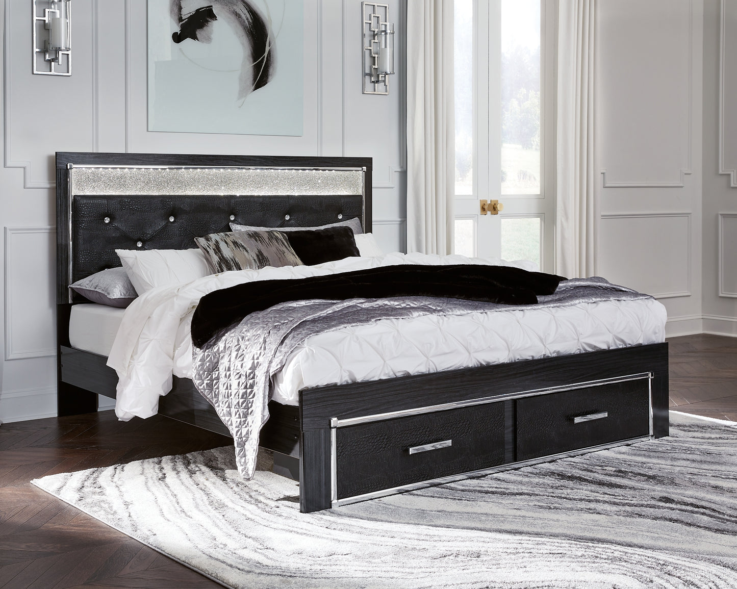 Kaydell King Upholstered Panel Storage Platform Bed with Mirrored Dresser and Chest Milwaukee Furniture of Chicago - Furniture Store in Chicago Serving Humbolt Park, Roscoe Village, Avondale, & Homan Square