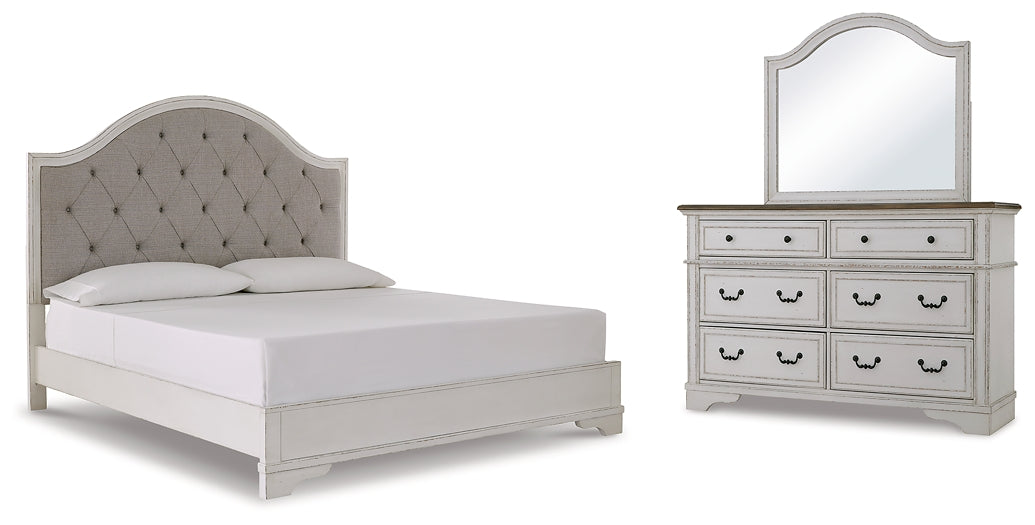 Brollyn California King Upholstered Panel Bed with Mirrored Dresser