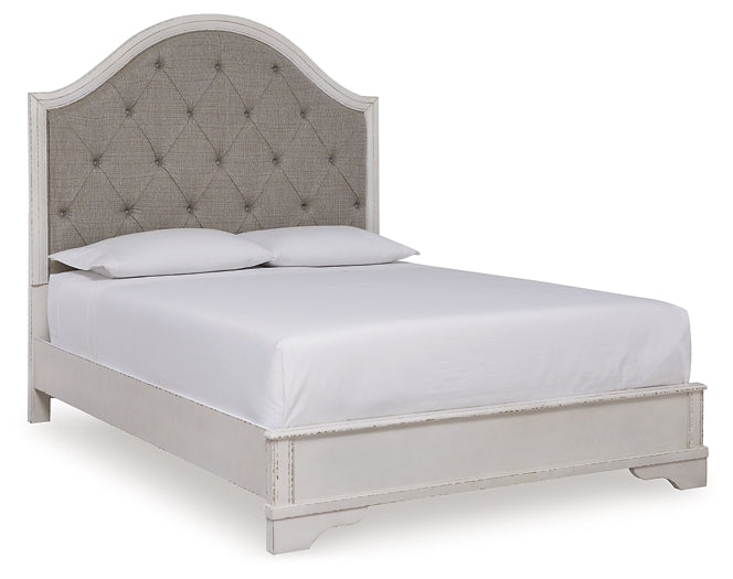 Brollyn Queen Upholstered Panel Bed with Mirrored Dresser, Chest and 2 Nightstands