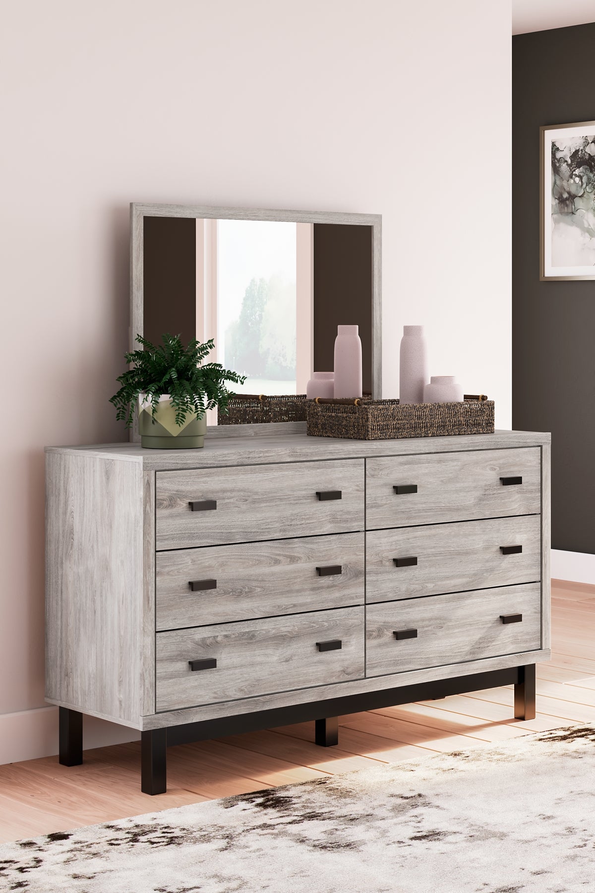 Vessalli King Panel Bed with Mirrored Dresser and 2 Nightstands
